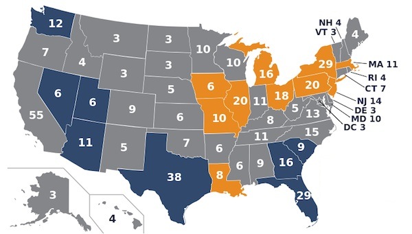 Mavi eyaletler 2008 seçimine göre seçici delege oylarını artırdı. Sarı eyaletler ise oy kaybetti. Gri eyaletlerde değişiklik yok. 